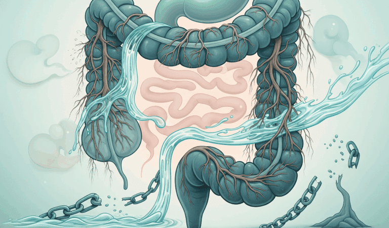 Illustration abstraite montrant un côlon humain entouré d'éléments symbolisant des pensées, des émotions et des chaînes brisées, avec des couleurs douces et apaisantes.