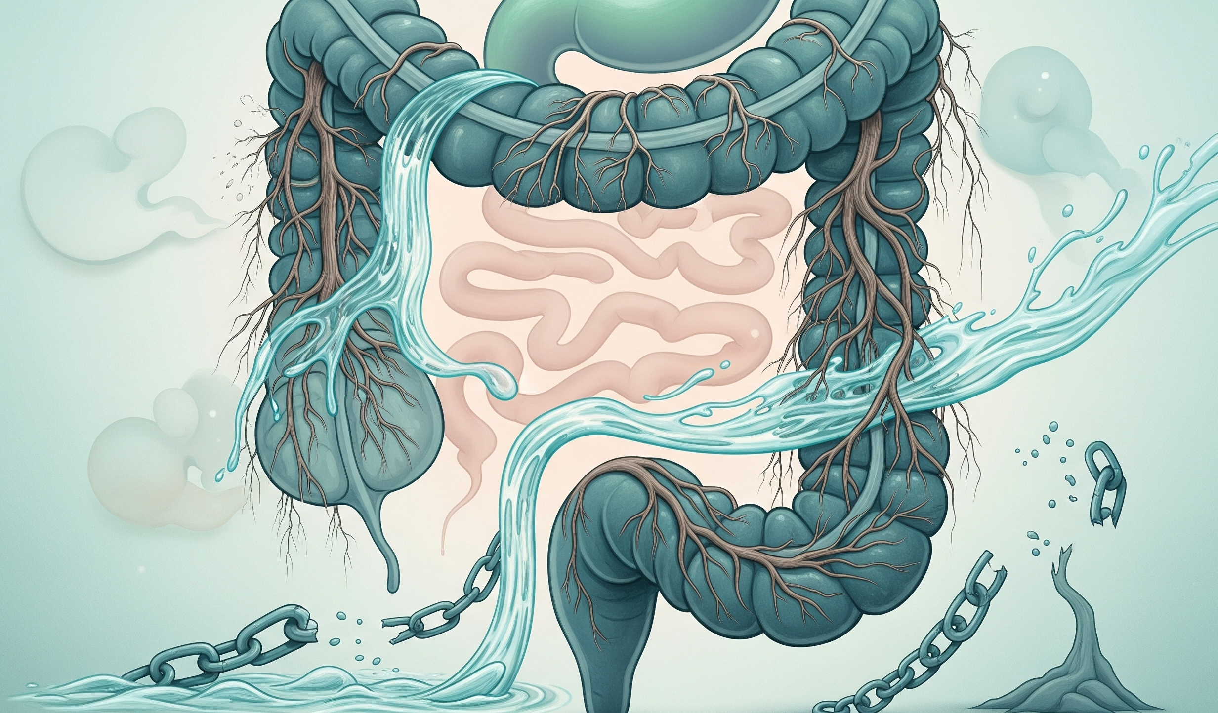 Le Côlon : Au-delà de la Digestion, le Miroir de nos Préjugés et Émotions 1 Illustration abstraite montrant un côlon humain entouré d'éléments symbolisant des pensées, des émotions et des chaînes brisées, avec des couleurs douces et apaisantes.