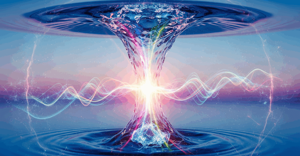L'eau est le conducteur de la pensée 4 conducteur de la pensée : Illustration représentant l'eau en mouvement, symbolisant la conductivité de la pensée et l'énergie vibratoire à travers des vagues lumineuses et des formes fluides.