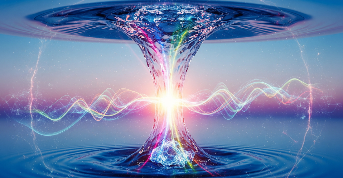 conducteur de la pensée : Illustration représentant l'eau en mouvement, symbolisant la conductivité de la pensée et l'énergie vibratoire à travers des vagues lumineuses et des formes fluides.