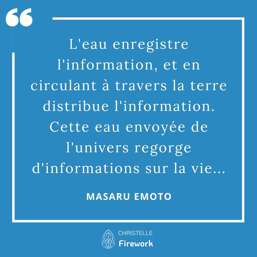 Les meilleures citations de Masaru Emoto 23 L'eau enregistre l'information, et en circulant à travers la terre distribue l'information. Cette eau envoyée de l'univers regorge d'informations sur la vie... - Masaru Emoto