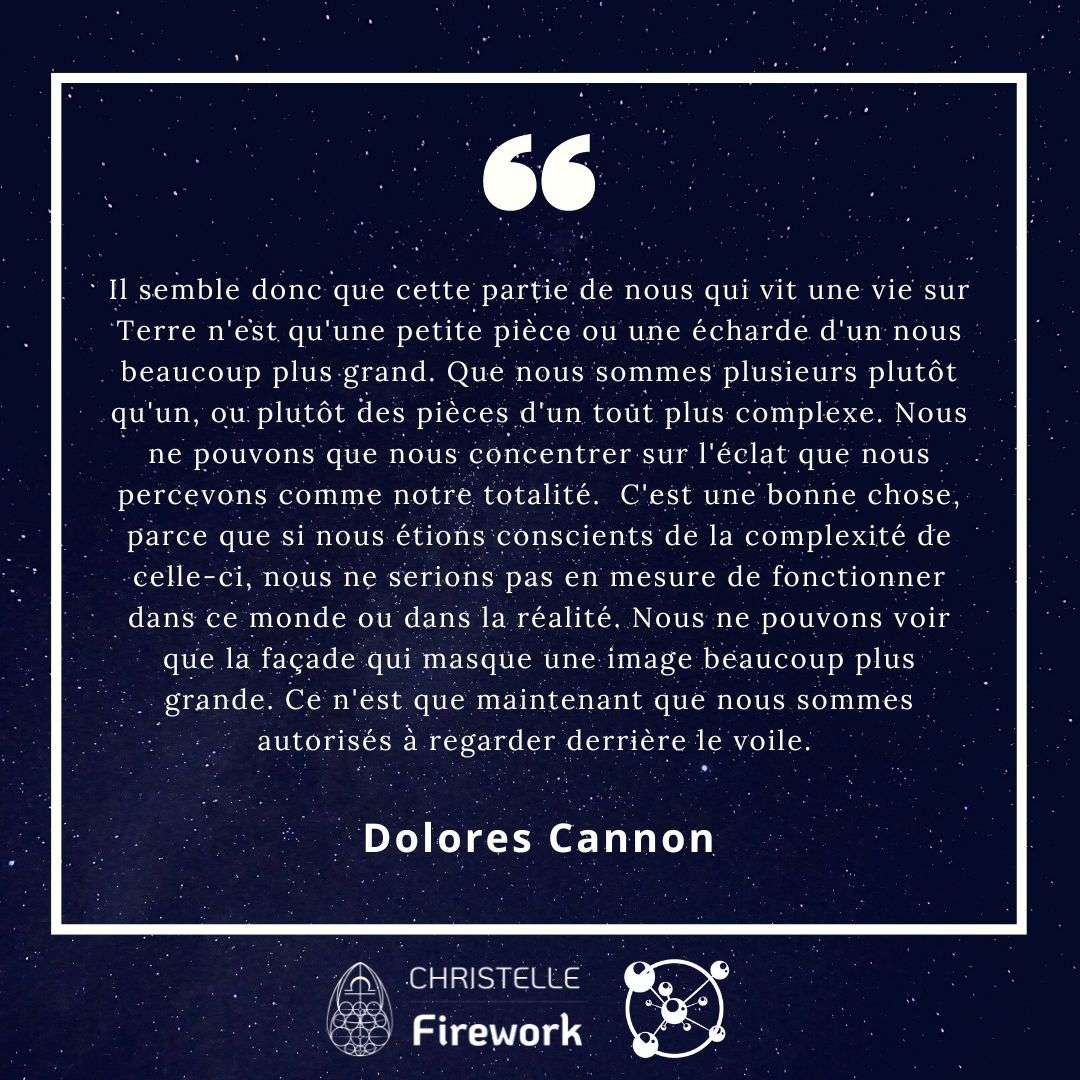 Il semble donc que cette partie de nous qui vit une vie sur Terre n'est qu'une petite pièce ou une écharde d'un nous beaucoup plus grand. Que nous sommes plusieurs plutôt qu'un, ou plutôt des pièces d'un tout plus complexe. Nous ne pouvons que nous concentrer sur l'éclat que nous percevons comme notre totalité. C'est une bonne chose, parce que si nous étions conscients de la complexité de celle-ci, nous ne serions pas en mesure de fonctionner dans ce monde ou dans la réalité. Nous ne pouvons voir que la façade qui masque une image beaucoup plus grande. Ce n'est que maintenant que nous sommes autorisés à regarder derrière le voile. - Dolores Cannon