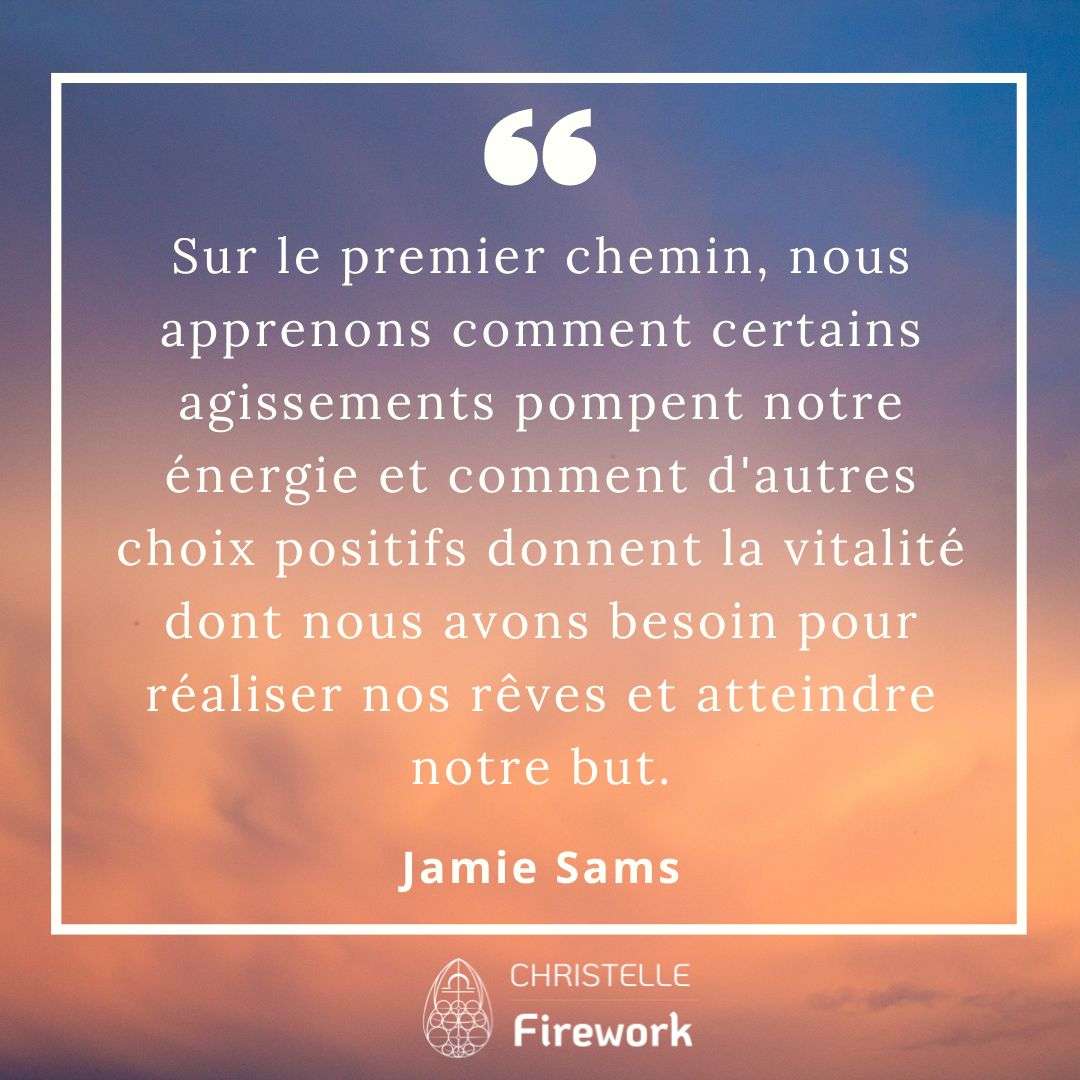 Sur le premier chemin, nous apprenons comment certains agissements pompent notre énergie et comment d'autres choix positifs donnent la vitalité dont nous avons besoin pour réaliser nos rêves et atteindre notre but. - Jamie Sams
