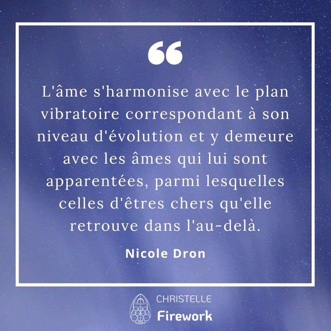 L'âme s'harmonise avec le plan vibratoire correspondant à son niveau d'évolution et y demeure avec les âmes qui lui sont apparentées, parmi lesquelles celles d'êtres chers qu'elle retrouve dans l'au-delà. - Nicole Dron