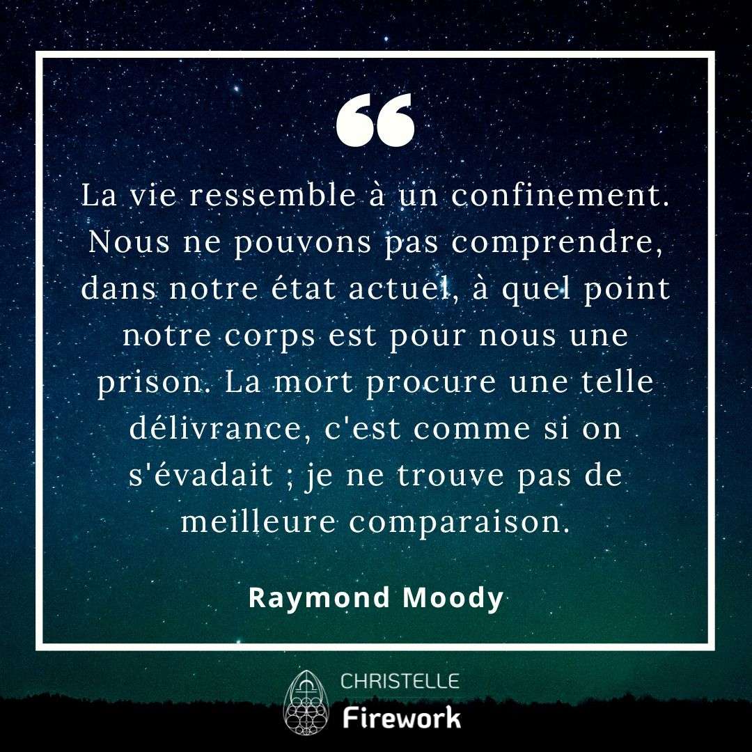 La vie ressemble à un confinement. Nous ne pouvons pas comprendre, dans notre état actuel, à quel point notre corps est pour nous une prison. La mort procure une telle délivrance, c'est comme si on s'évadait ; je ne trouve pas de meilleure comparaison. - Raymond Moody