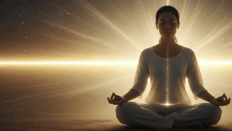 L'Humain et les Flux Énergétiques : Redécouvrir Notre Nature Profonde 15 Une silhouette en méditation, entourée de Flux Énergétiques, illustrant l'expansion du champ vibratoire.