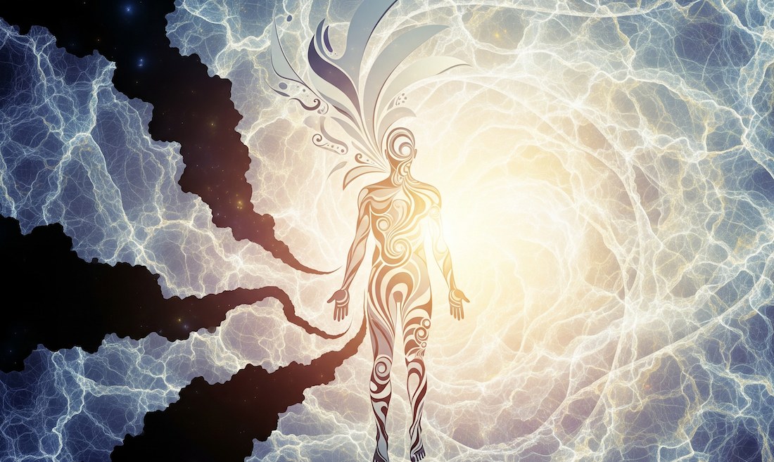 Illustration symbolique d'un être humain en pleine incarnation consciente, entouré d'énergie lumineuse et de motifs spirituels