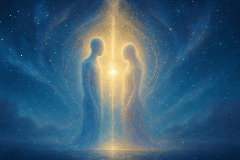 L’amour céleste : retrouvailles sacrées et mémoire d’un amour oublié 4 Deux âmes lumineuses fusionnant dans une énergie d’amour céleste