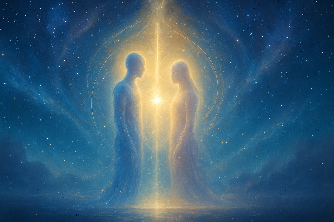 Deux âmes lumineuses fusionnant dans une énergie d’amour céleste