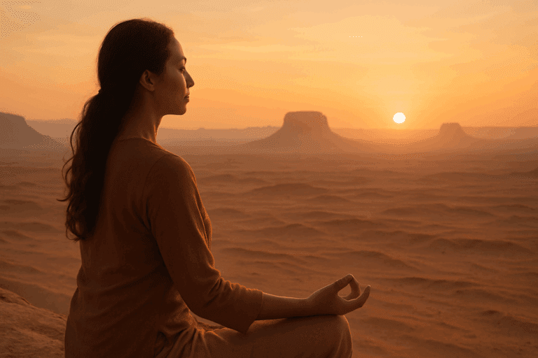 L'Amour Inconditionnel : Une Voie Inspirée par la Sagesse Hopi pour Célébrer l'Unique en Chacun 4 Femme méditant devant un vaste paysage désertique, image inspirante d'amour inconditionnel.