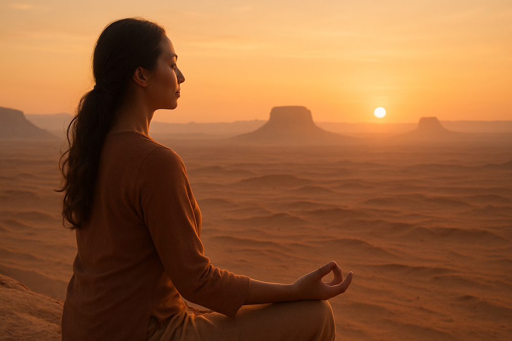 Femme méditant devant un vaste paysage désertique, image inspirante d'amour inconditionnel.