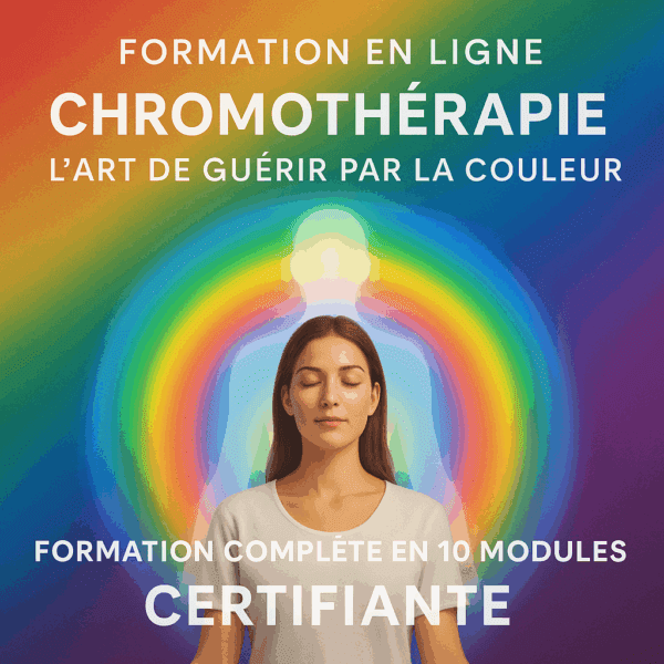 Visuel de chakras alignés avec faisceaux colorés – formation chromothérapie