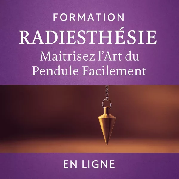 Un pendule suspendu au-dessus d’un graphique de radiesthésie, dans un cadre zen. Une main concentrée pose une question mentale, illustrant l’usage intuitif de l’outil pour capter les réponses énergétiques.
