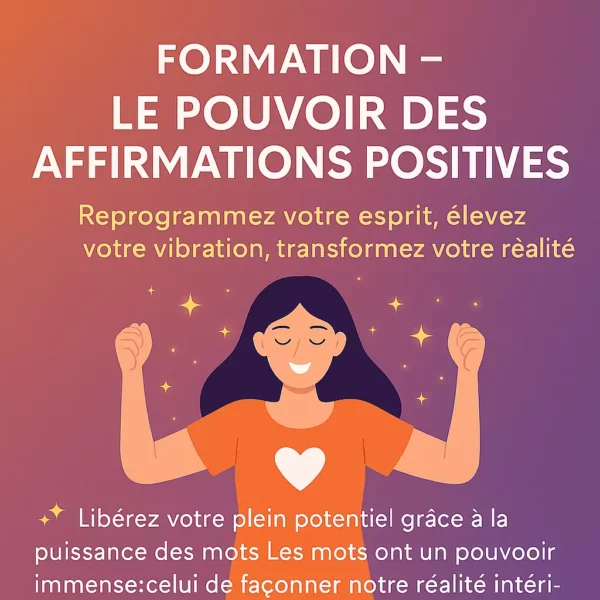 Formation Affirmations Positives Femme souriante écrivant ses affirmations dans un carnet, entourée d’une lumière dorée.
