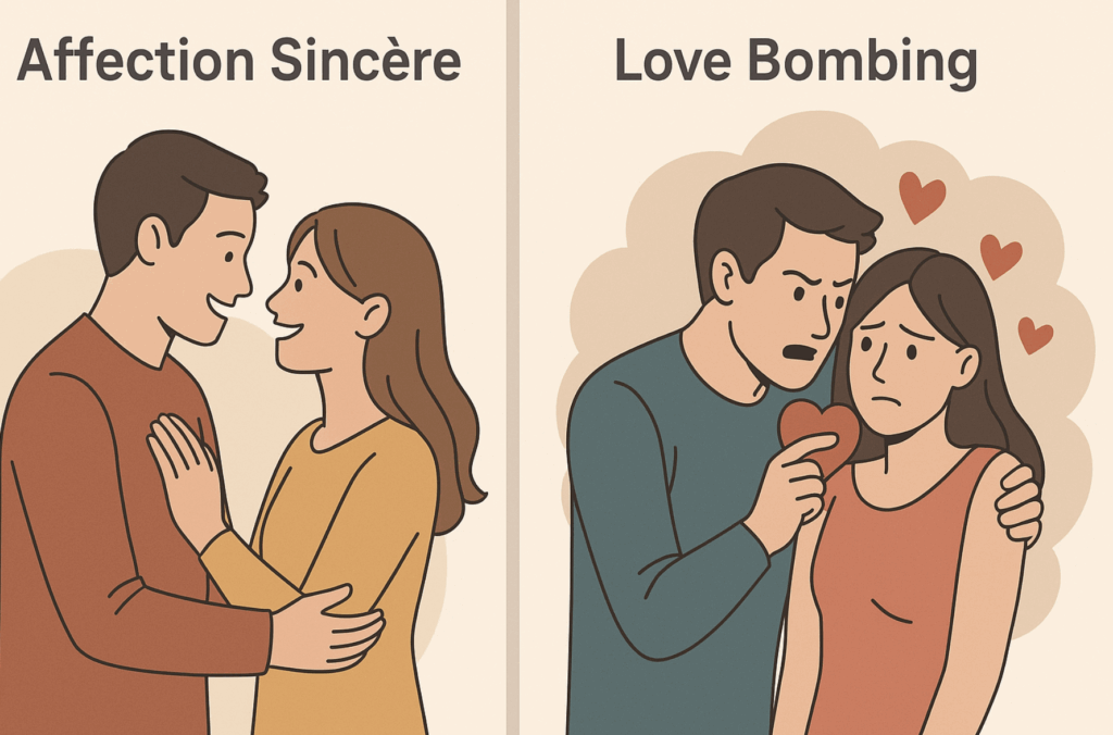Illustration comparant une relation saine basée sur l'affection sincère et une relation toxique marquée par le love bombing