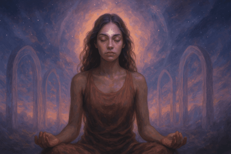 Blessures Transdimensionnelles : Femme méditant en position du lotus, marquée par une étoile lumineuse sur le front, dans un paysage cosmique bleu-violet traversé d’arches éthérées