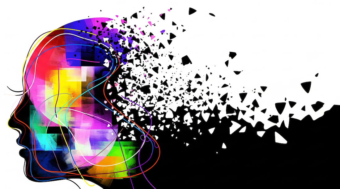 Représentation abstraite d'une tête humaine aux couleurs vives se fragmentant en petits morceaux sur un fond blanc, symbolisant le lâcher-prise des projections et des attentes.