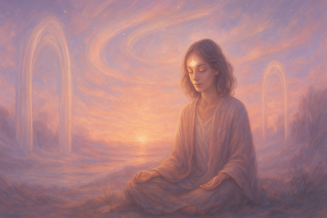 Le Karma Parallèle : Comprendre le Rééquilibrage Multidimensionnel 2 Karma Parallèle : Femme méditant dans un paysage onirique pastel, symbolisant l’éveil spirituel et la réunification des réalités parallèles