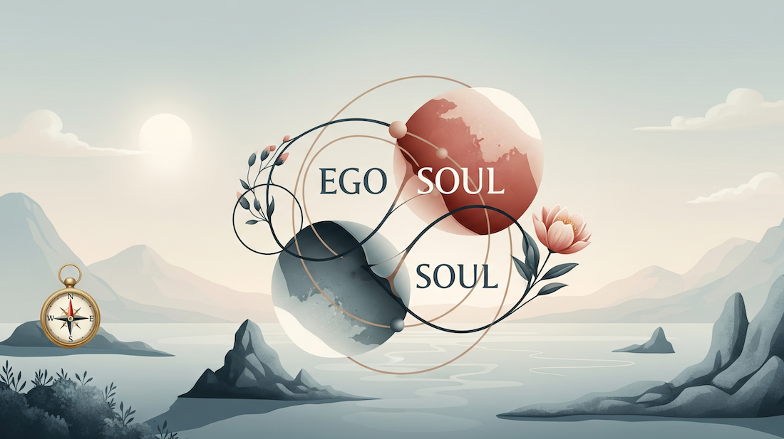 Libre arbitre : Chemin lumineux s’ouvrant entre une zone sombre symbolisant l’ego et une zone lumineuse représentant l’appel de l’âme