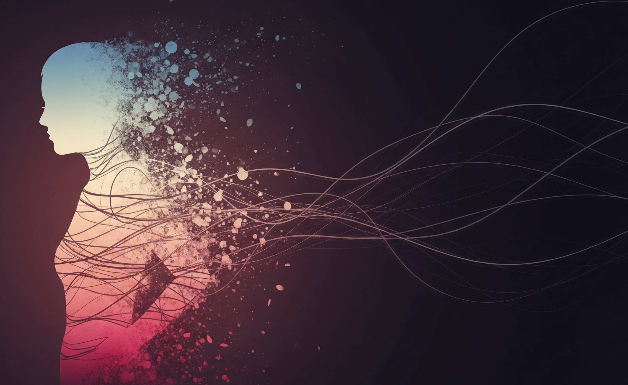 Liens Archontiques Silhouette humaine se désintégrant avec des fils sombres, symbolisant la perte d'énergie dans une relation toxique.