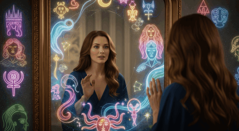 Les Miroirs Magiques de l'Inconscient : Quand l'Autre Révèle Votre Vérité Intérieure 6 Les Miroirs Magiques de l'Inconscient : Femme regardant son reflet dans un miroir magique avec des symboles oniriques.