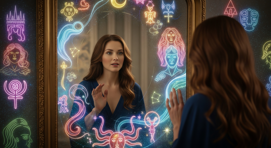 Les Miroirs Magiques de l'Inconscient : Femme regardant son reflet dans un miroir magique avec des symboles oniriques.