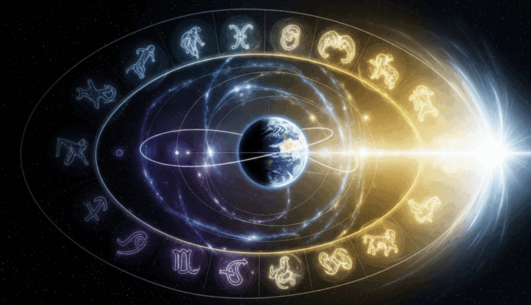 Précession des Équinoxes : Représentation schématique de l'axe de rotation de la Terre effectuant un mouvement de précession, illustrant le cycle de 25 920 ans.