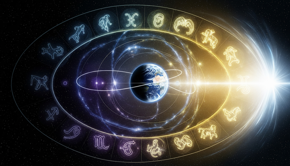 Précession des Équinoxes : Représentation schématique de l'axe de rotation de la Terre effectuant un mouvement de précession, illustrant le cycle de 25 920 ans.