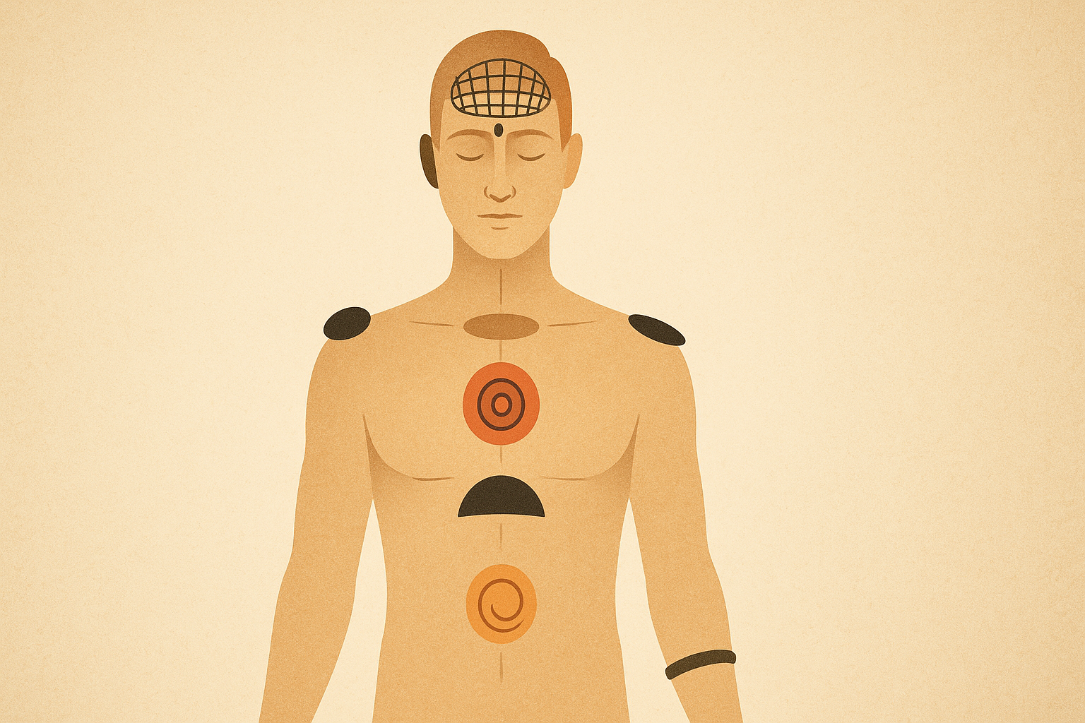 Illustration des types d’implants éthériques positionnés sur le corps énergétique humain