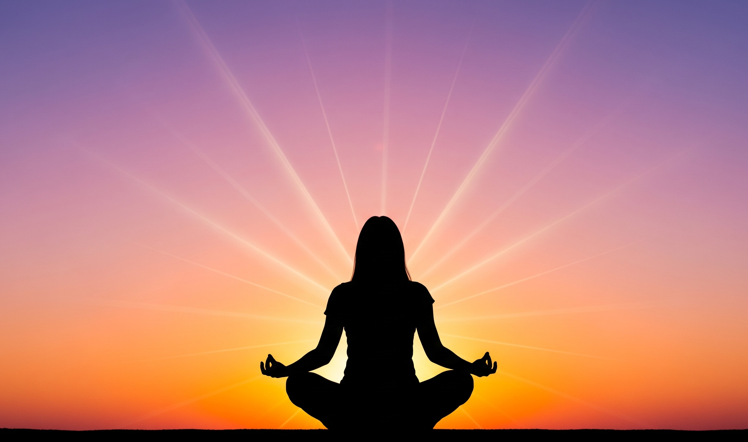 Seuils Vibratoires : Silhouette d'une personne méditant face à un soleil éclatant, avec des rayons lumineux symbolisant l'énergie et la transformation spirituelle.