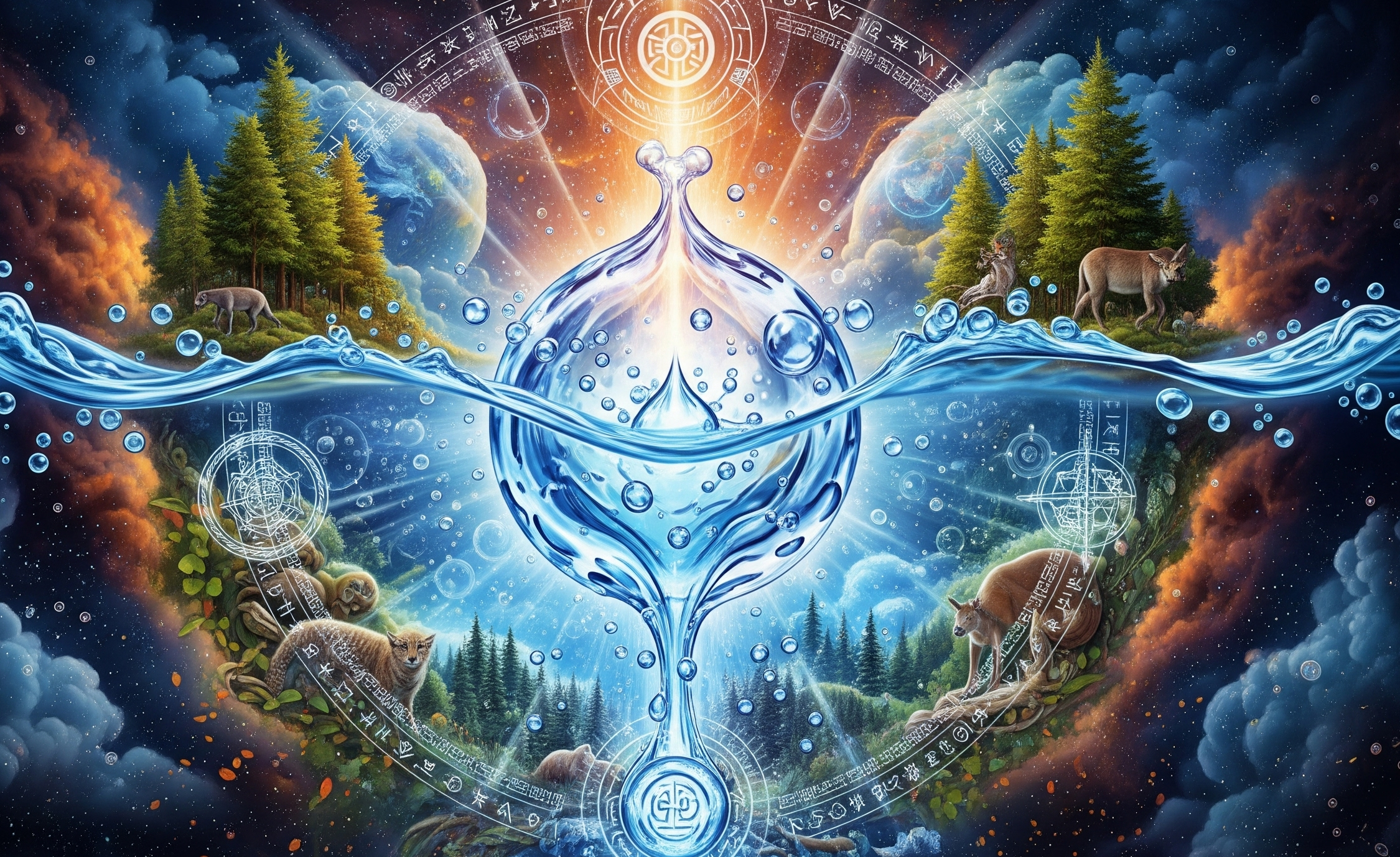 L'Eau : Source de Vie, Conscience du Vivant & Matrice Sacrée – Guide Complet 1 Source de Vie : Représentation éthérée de l'eau comme source de vie, matrice sacrée et conscience du vivant, avec des lumières chatoyantes et des symboles de connexion humaine.