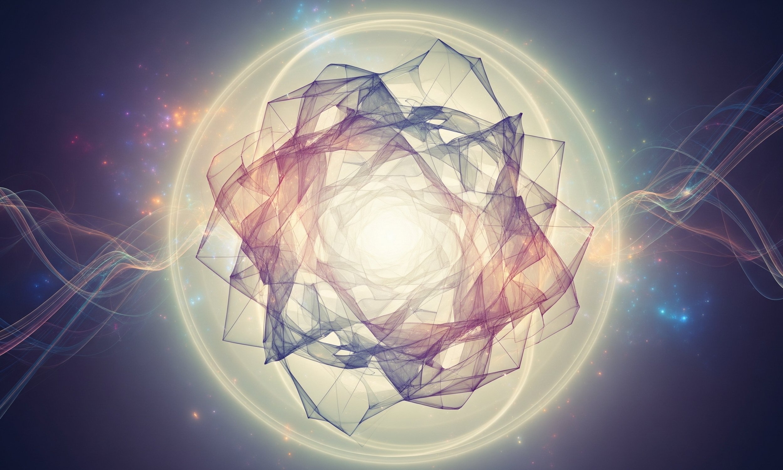 Le Lien Spirituel de l'Autisme : Une composition abstraite de formes géométriques translucides et de lumières douces, entourée d'ondes et de points lumineux, évoquant une perception sensorielle et spirituelle unique.