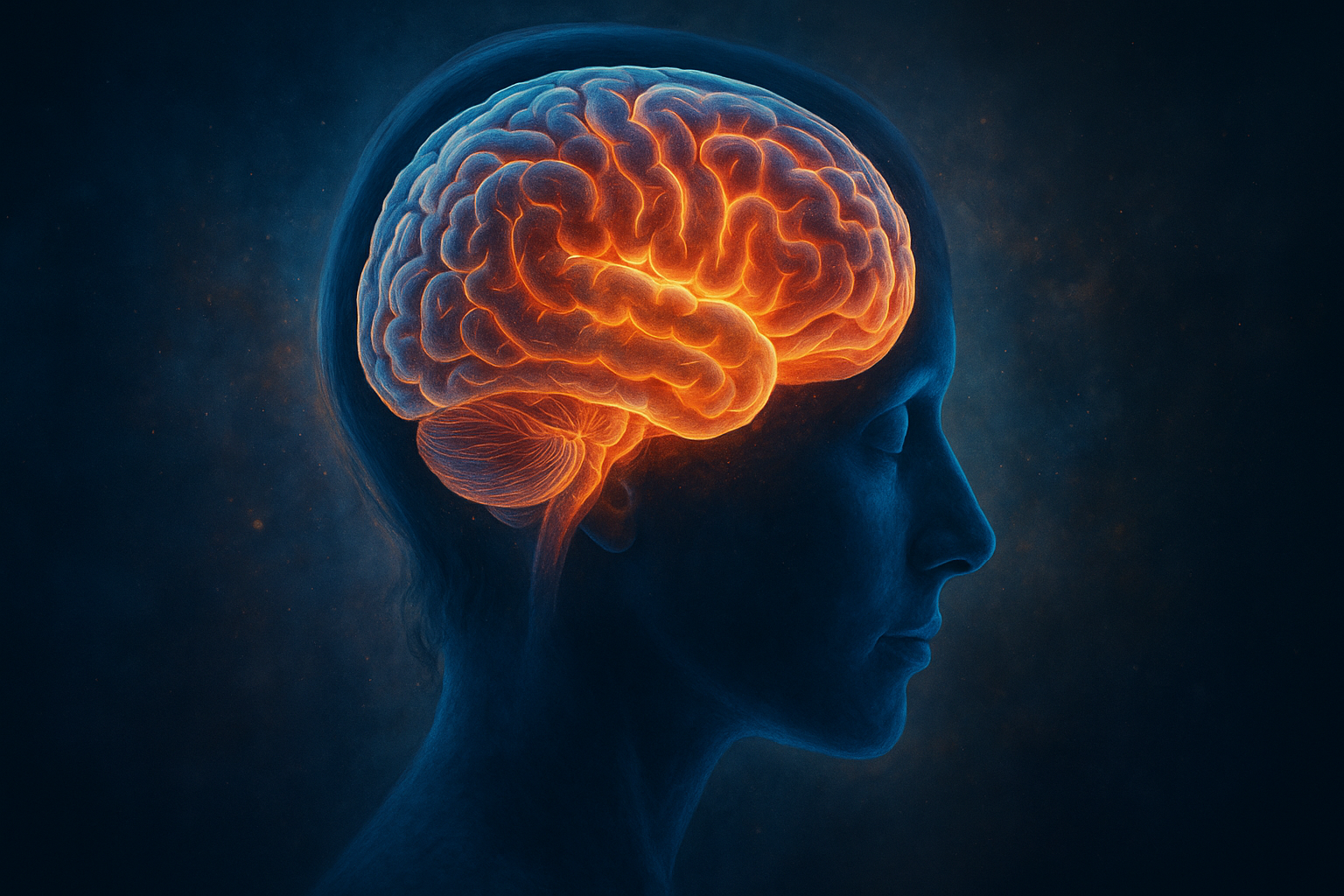 Origine du cerveau humain : Illustration du cerveau humain en lumière orange, symbolisant les potentiels latents et les connexions multidimensionnelles