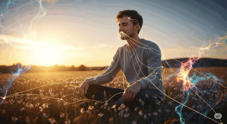 Dépendance Affective : Une Quête Déguisée de Vérité Intérieure 3 Dépendance Affective : Personne méditant seule, entourée d’une lumière douce, symbolisant le retour à soi après une relation intense