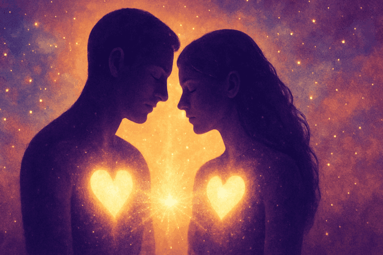 Deux êtres reliés cœur à cœur, représentant la puissance spirituelle du lien d’âme dans une dyade.