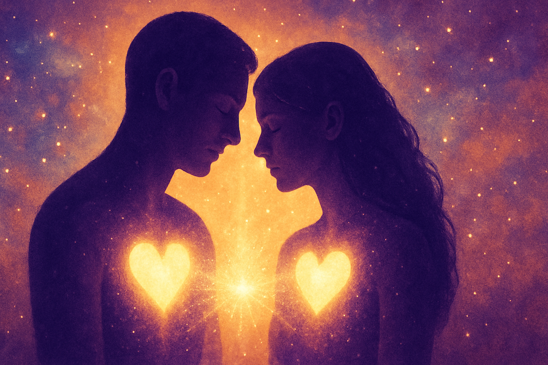 Deux êtres reliés cœur à cœur, représentant la puissance spirituelle du lien d’âme dans une dyade.