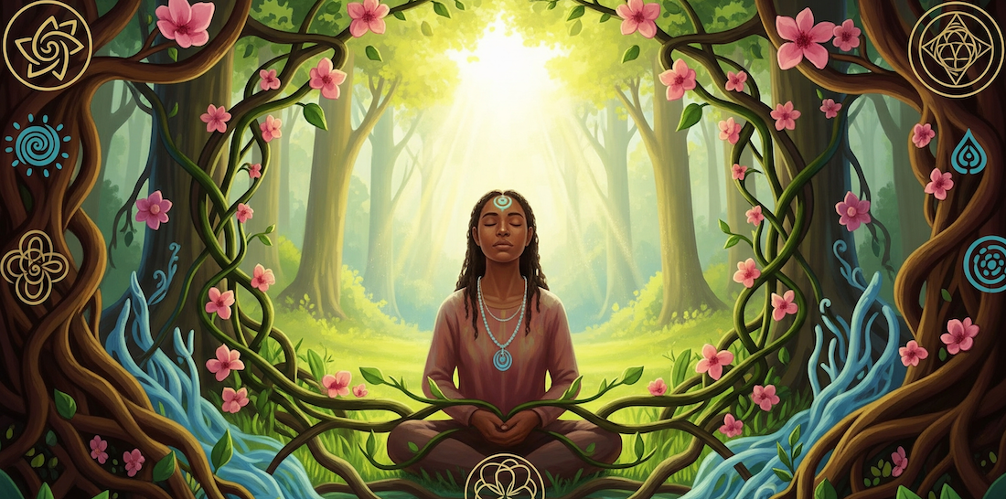 Écologie de l’âme : Réparer en soi ce que le monde a oublié 1 Silhouette méditative dans la nature, représentant l’écologie de l’âme et la connexion au vivant