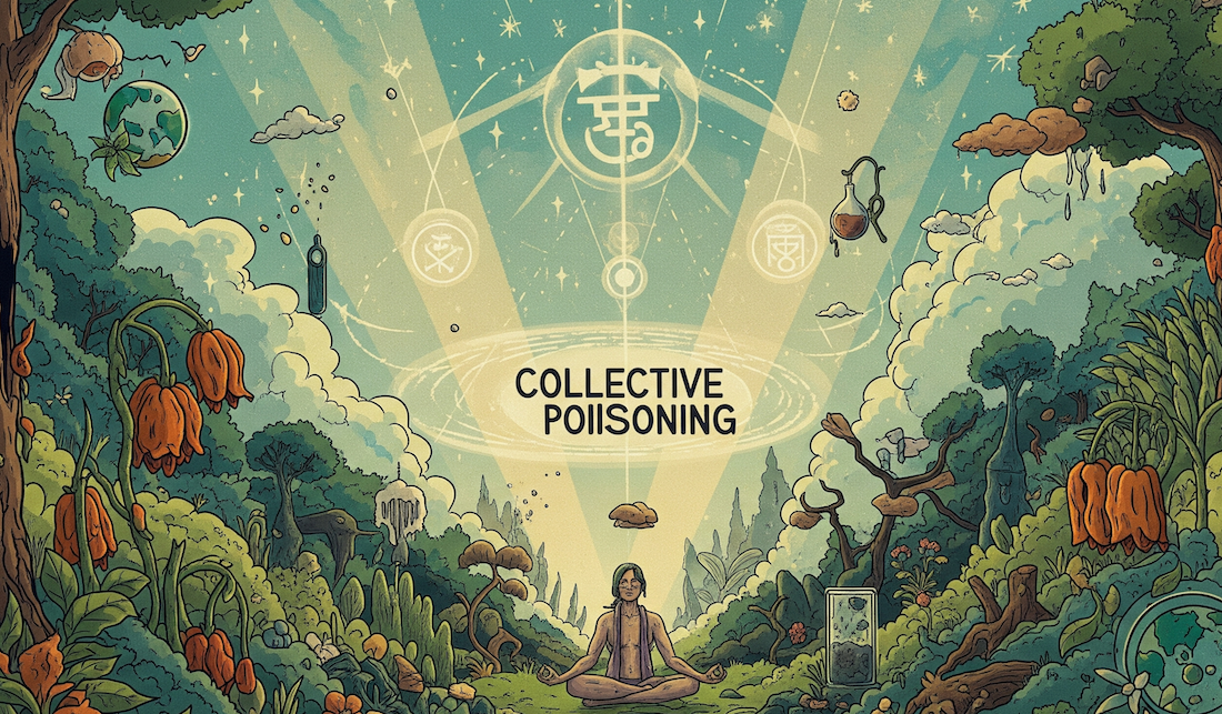 Ce que nous vivons n’est pas une crise écologique… mais un empoisonnement collectif 1 Illustration symbolique d’un paysage naturel pollué, reflétant la crise intérieure de l’humanité – une vision spirituelle de l’empoisonnement collectif.