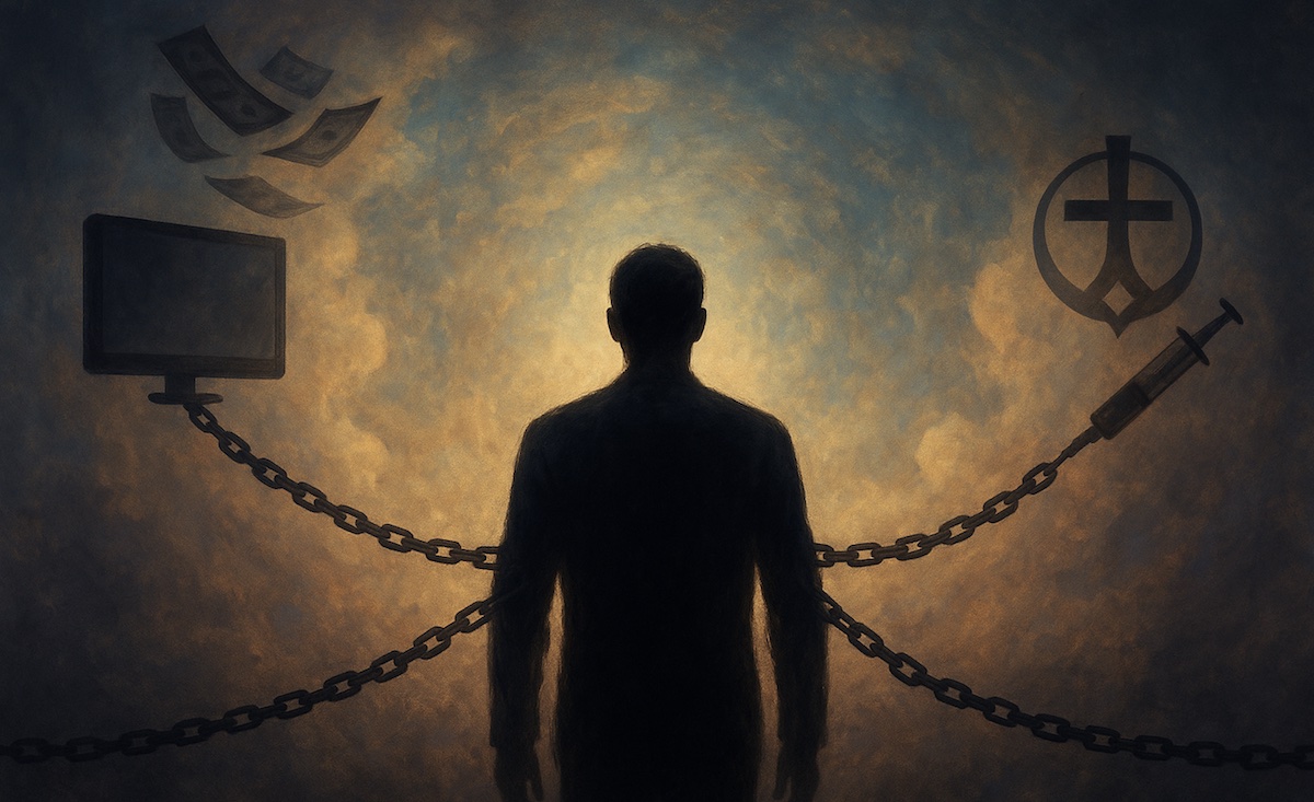 Les forces qui limitent le potentiel humain Illustration conceptuelle d’un être humain entravé par des chaînes symbolisant les forces qui limitent le potentiel humain