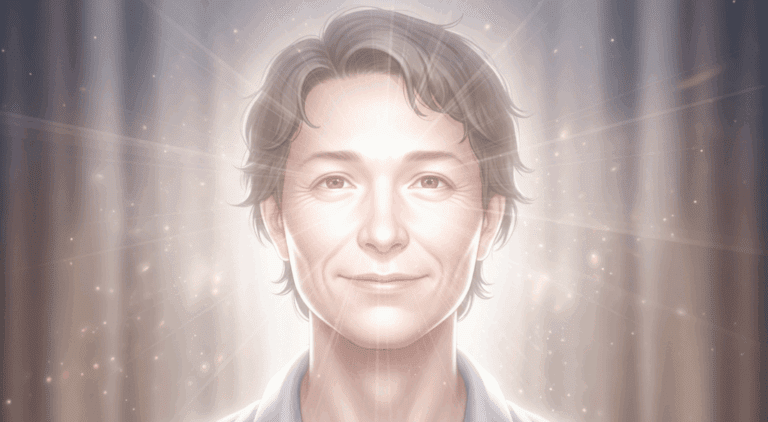 Et si ton hypersensibilité était un don… mal compris ? 3 Visage doux et lumineux d’une personne rayonnante, illustrant la puissance tranquille de l’hypersensibilité assumée