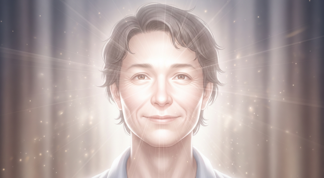 Visage doux et lumineux d’une personne rayonnante, illustrant la puissance tranquille de l’hypersensibilité assumée