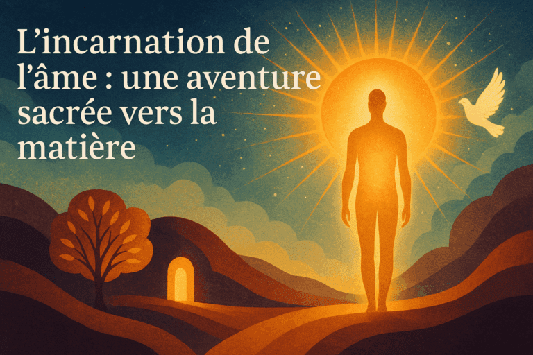 Illustration symbolique de l'incarnation de l'âme, représentant une silhouette lumineuse descendant dans un corps humain