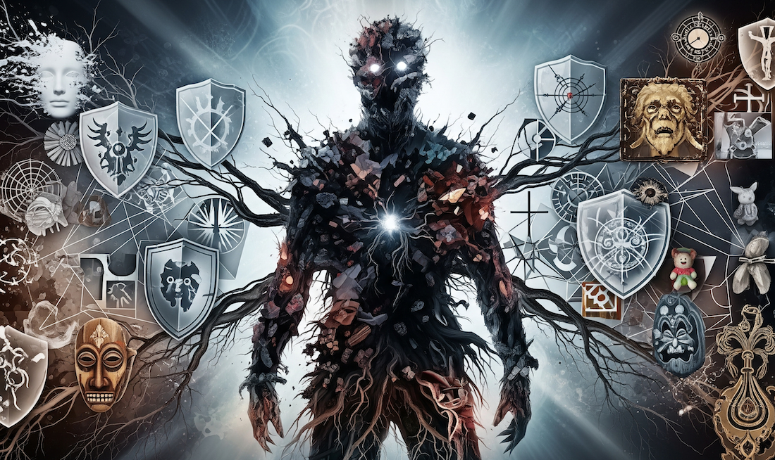 les peurs : Illustration d’un personnage entouré et relié à des peurs sombres et menaçantes, symbolisant les blocages émotionnels et anxiétés profondes.