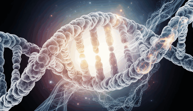 La Mémoire de l'ADN : Comment Nos Cellules Se Souviennent des Chocs et des Blessures 6 Mémoire de l'ADN : Représentation artistique de l'ADN avec des fragments de souvenirs.