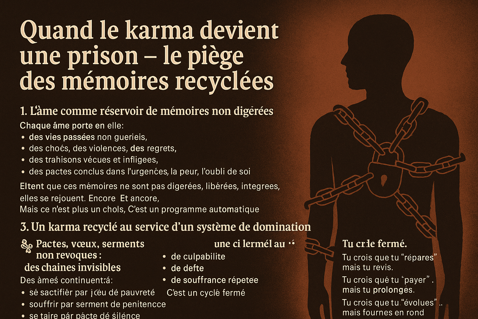 Silhouette humaine enchaînée représentant la prison des mémoires recyclées , mémoires karmiques et des vœux non révoqués