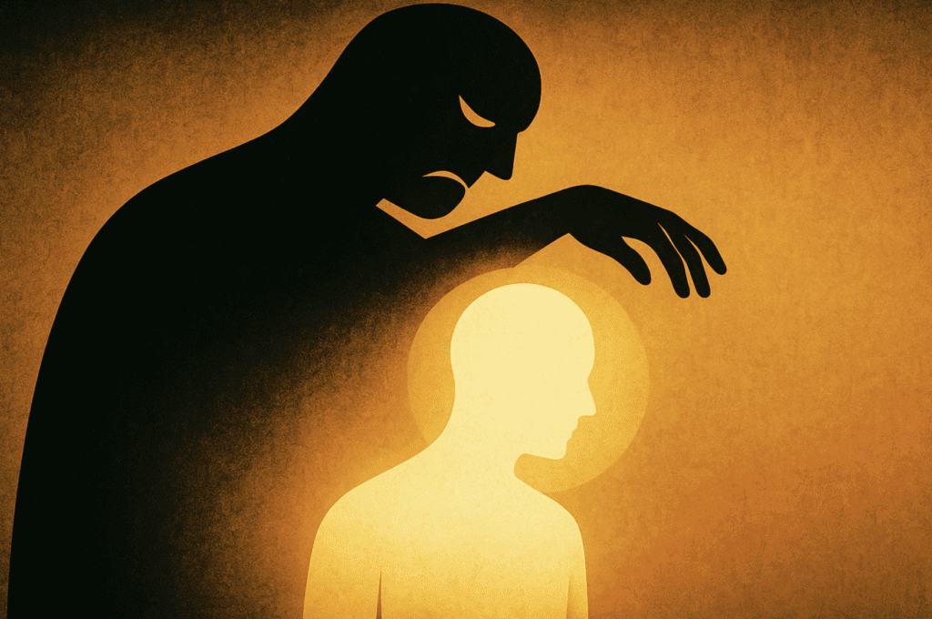 Ombre menaçante projetée sur une silhouette lumineuse représentant la lutte entre l’essence et la manipulation intérieure
