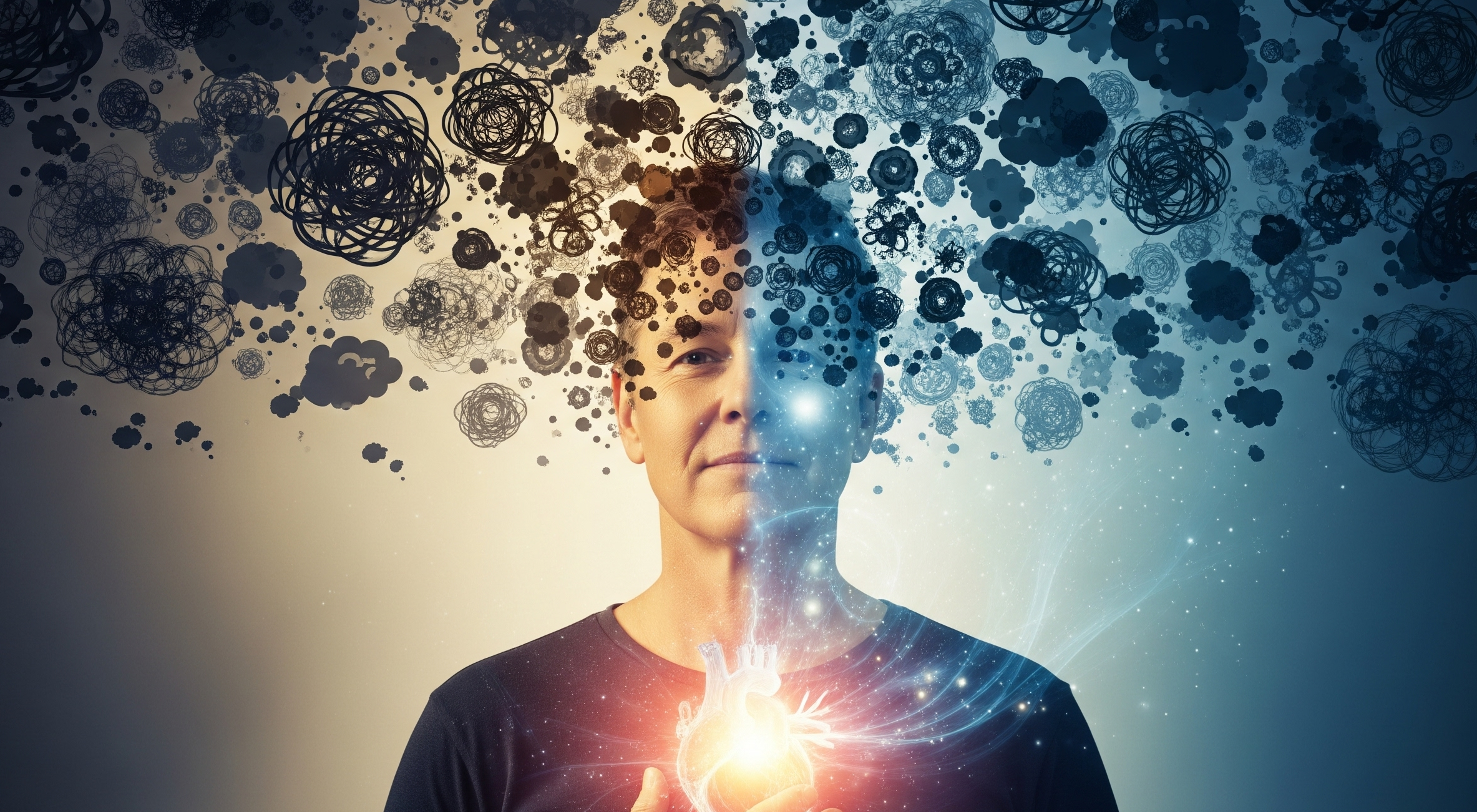 Un homme avec une moitié de visage entourée de Pensée Parasite et l'autre de lumière et de clarté, symbolisant le discernement entre le bruit mental et la sagesse intérieure.