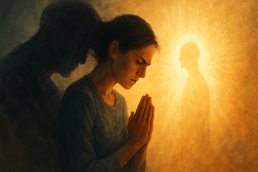 résistance à l’âme : Femme méditant en prière face à une silhouette de lumière, représentant la lutte intérieure entre l’ego et l’âme