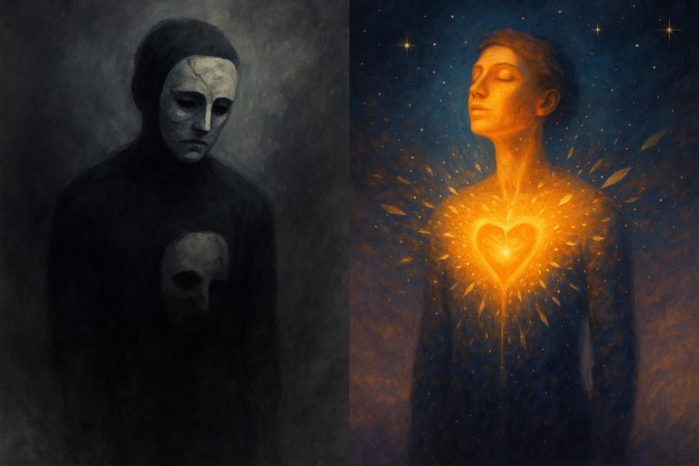 Silhouette humaine marchant d’un chemin sombre vers la lumière en forêt, symbolisant le réveil de la conscience et le choix entre illusion et vérité.