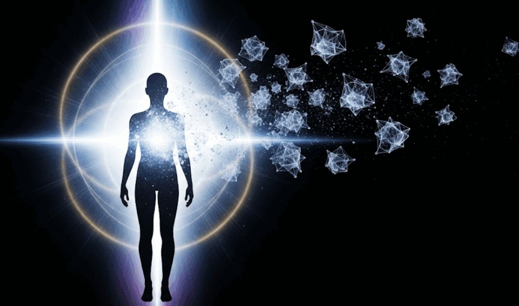 Une silhouette lumineuse avec des symboles énergétiques se libérant, représentant la dissolution des implants énergétiques.